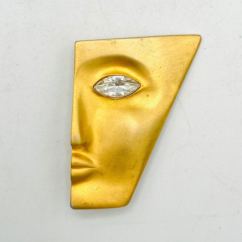Vintage Modernist Abstract Face Brooch Gold Marquise Crystal Eye Pin Avant Guard